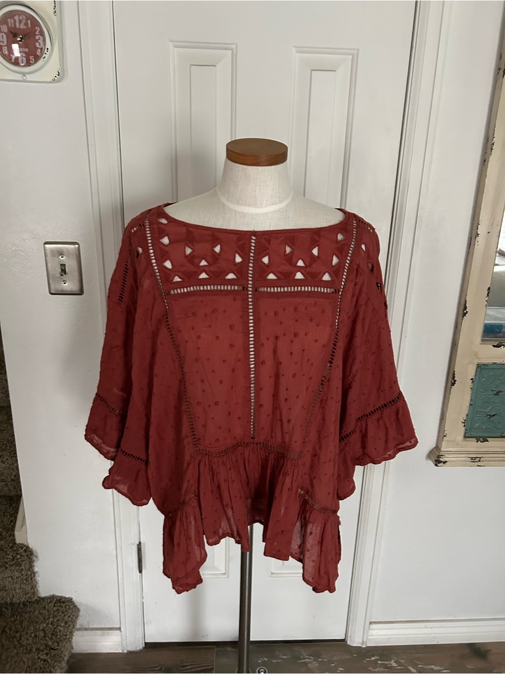 Free People Rust Tunic with Embroidered Cutouts